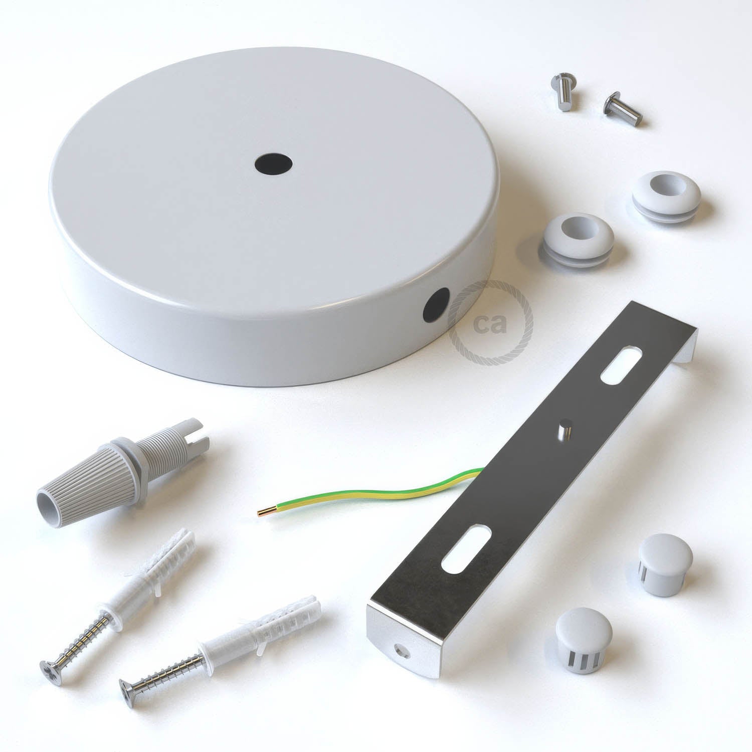 Kit rosone cilindrico in metallo a 1 foro centrale e 2 fori laterali - Bianco lucido Conico