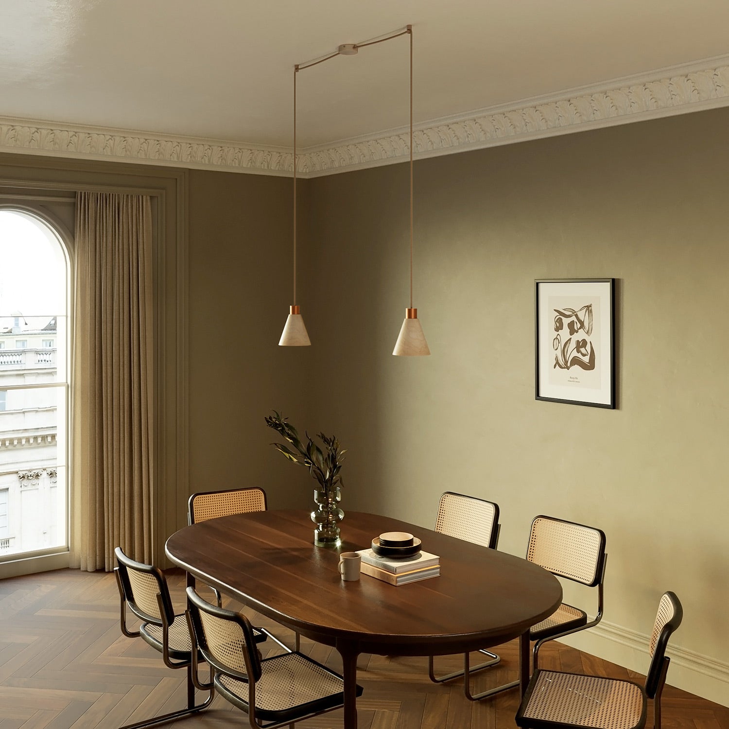 Lampada a sospensione a 2 cadute con paralumi conici in legno - Rame satinato