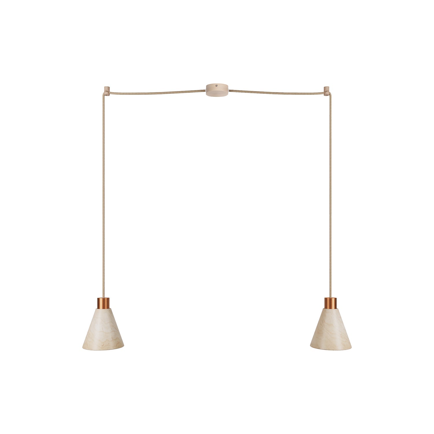 Two-drop pendant lamp with conical wooden lampshades - Satin