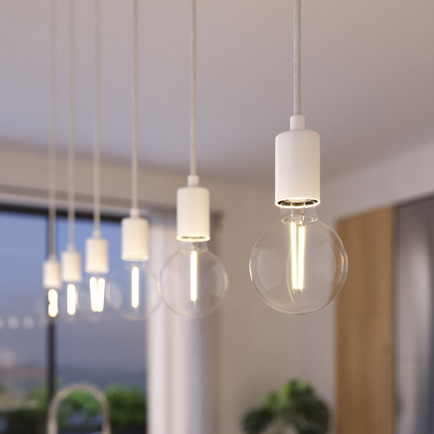 3-drop lamp with exposed light bulbs and Rose-One - Matte white
