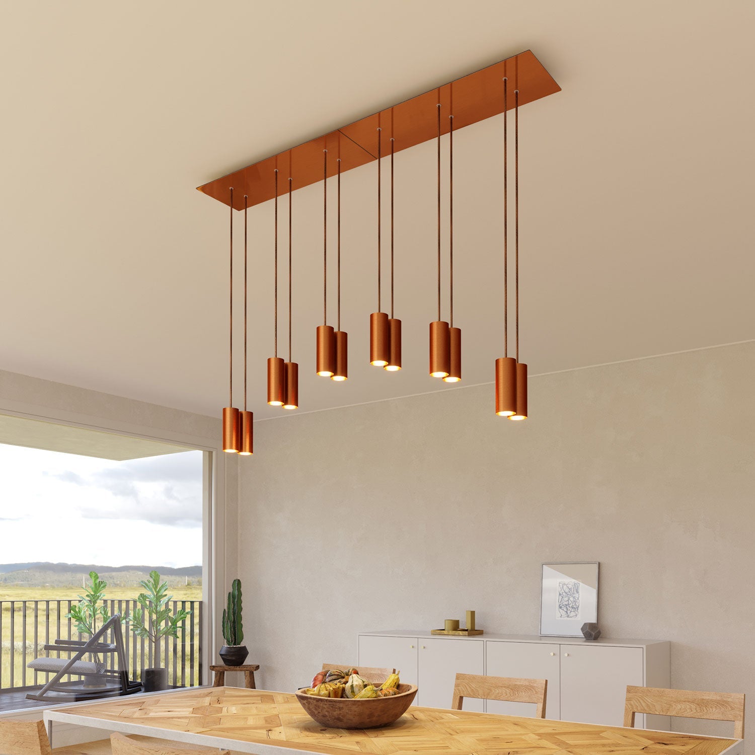 Lampada a sospensione a 6 cadute con XXL Rose-One rettangolare 675 mm con paralume in metallo Tub-E14 - Rame satinato