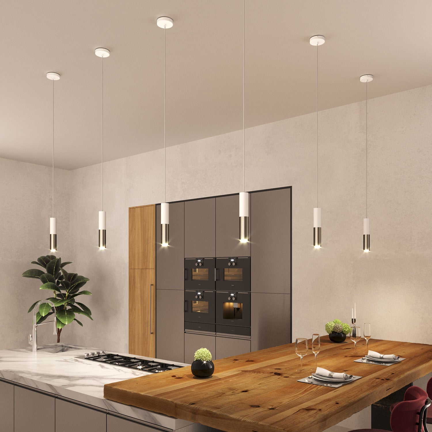 Lampada a sospensione completa di cavo tessile e doppio paralume Tub-E14 - Bianco opaco e Titanio satinato