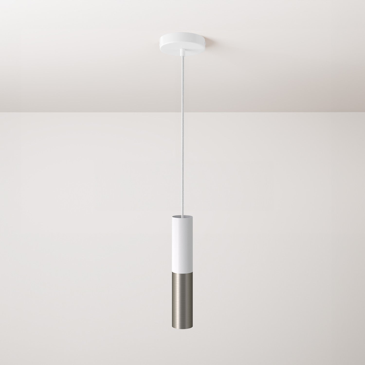 Pendant lamp complete with fabric cable and Tub-E12 double lampshade - Matt White and Brushed titanium