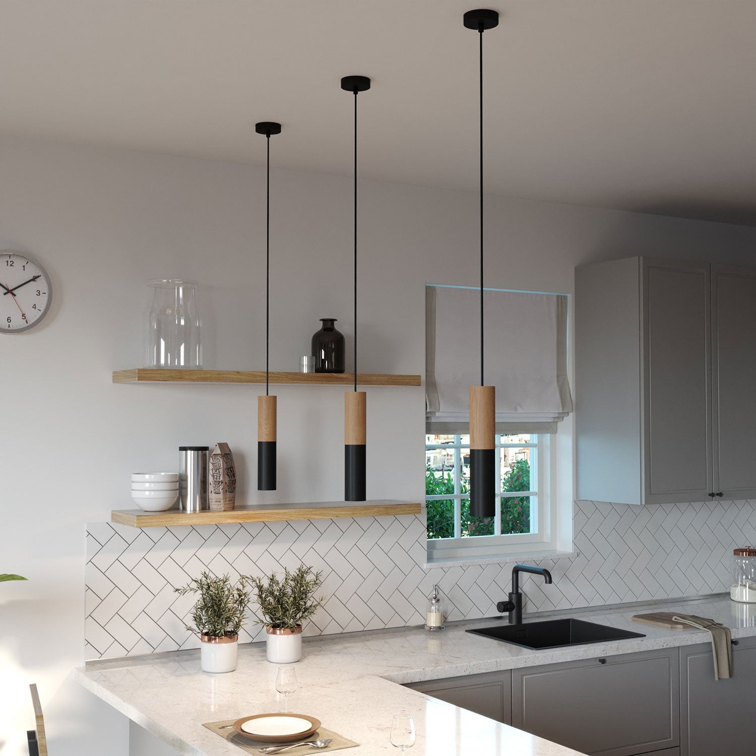 Lampada a sospensione completa di cavo tessile e doppio paralume Tub-E14 in legno e metallo - Nero