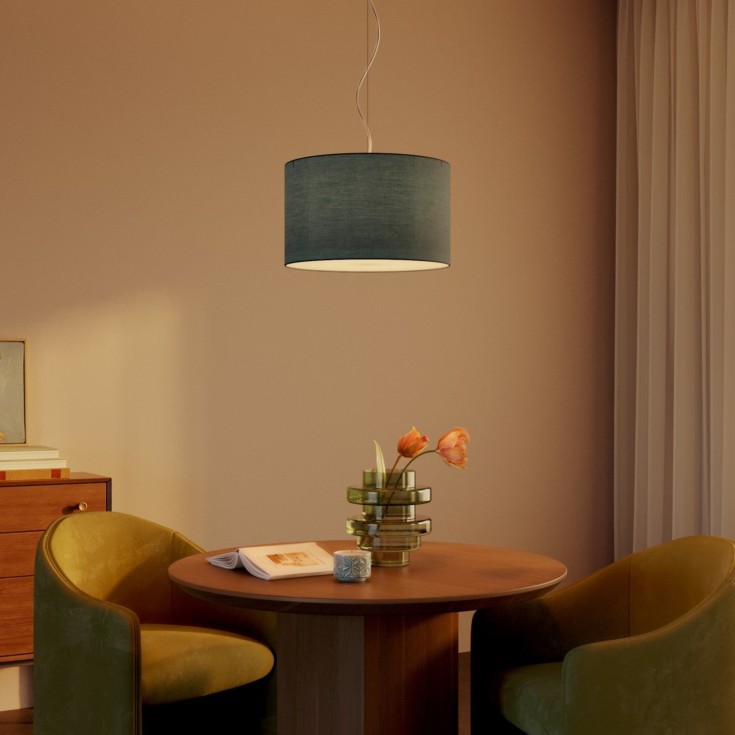 Lampada a sospensione con paralume in tessuto Cilindro Small Teletta azzurro severo - Made in Italy Si