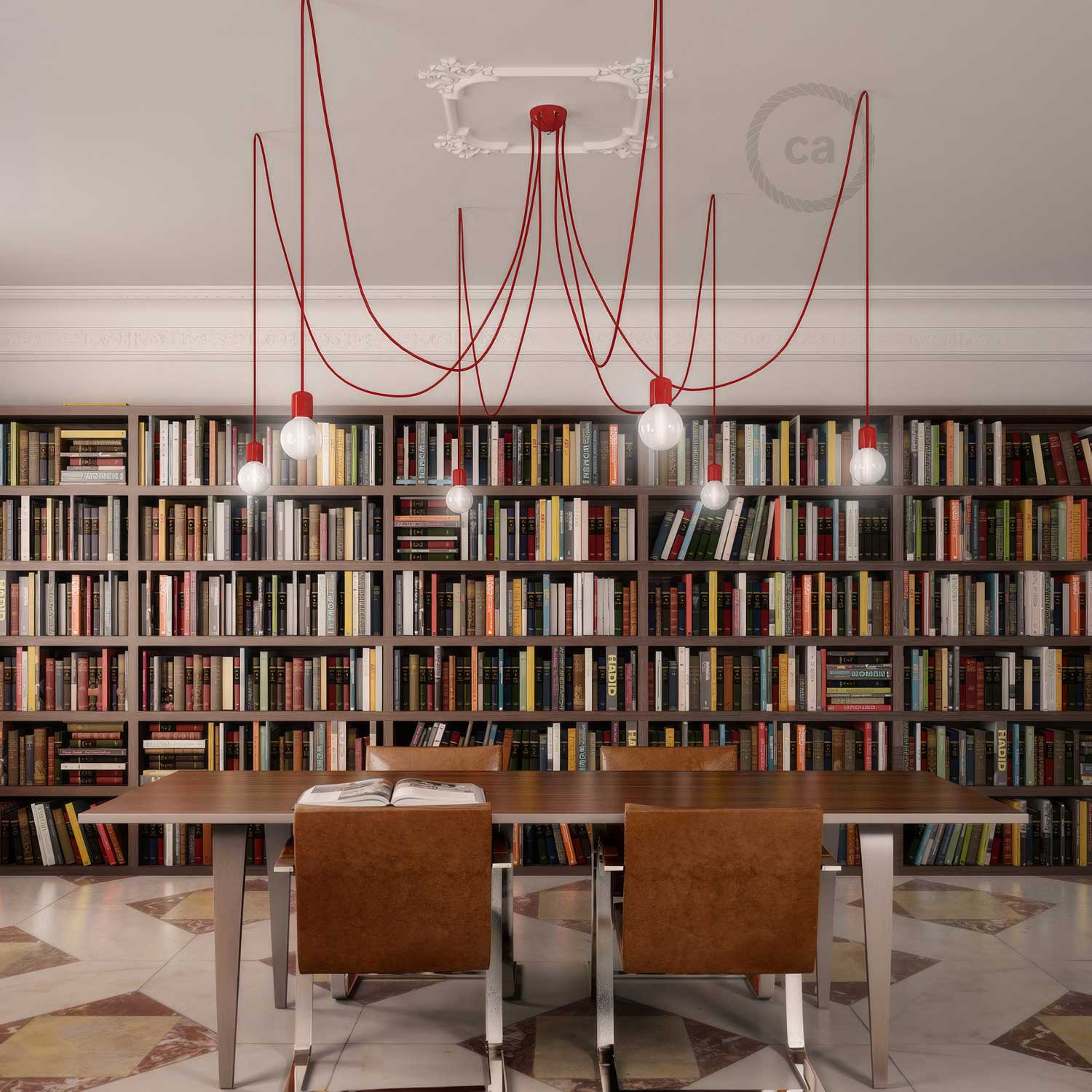 Lampada a sospensione multipla a 6 cadute con finiture in ceramica colorata - Rosso