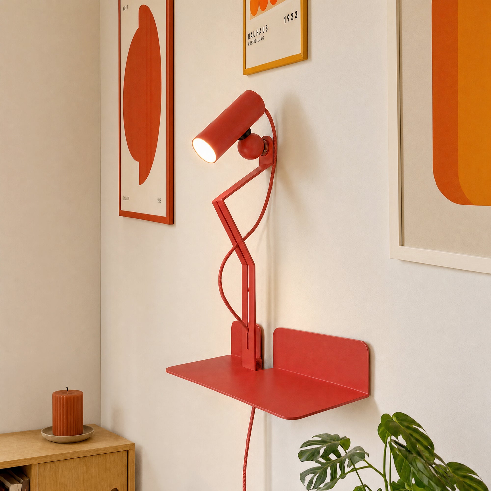 Lampada da parete con mensola e faretto magnetico orientabile - Murio Tubo - Rosso - Creative Cables