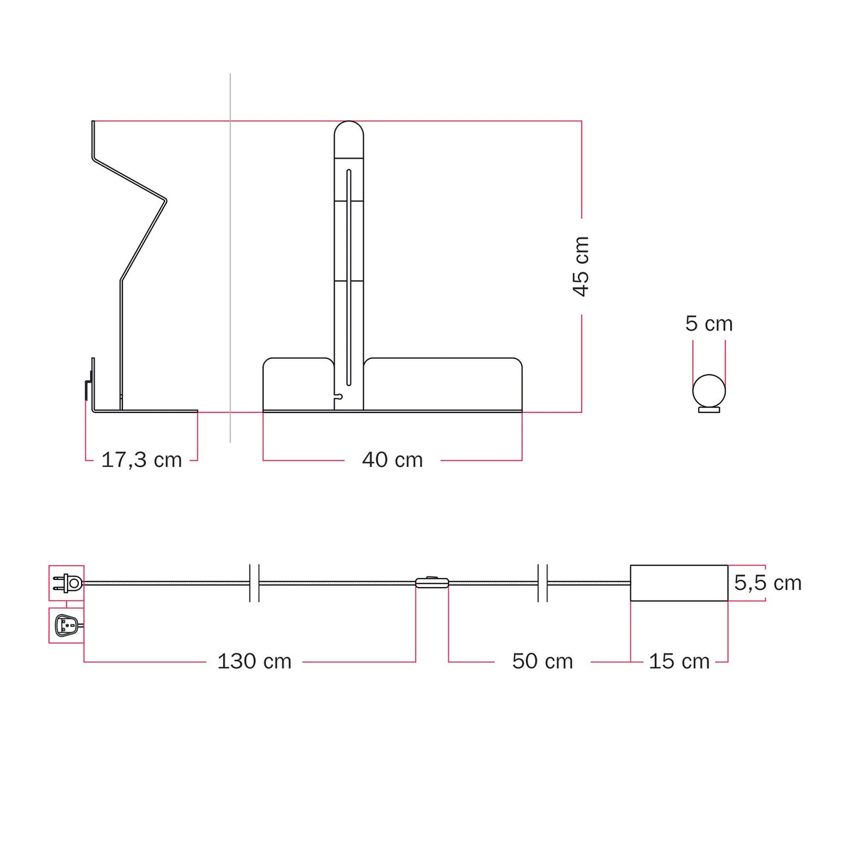 Lampada da parete con mensola, faretto magnetico orientabile e spina UK - Murio Tubo - Grigio