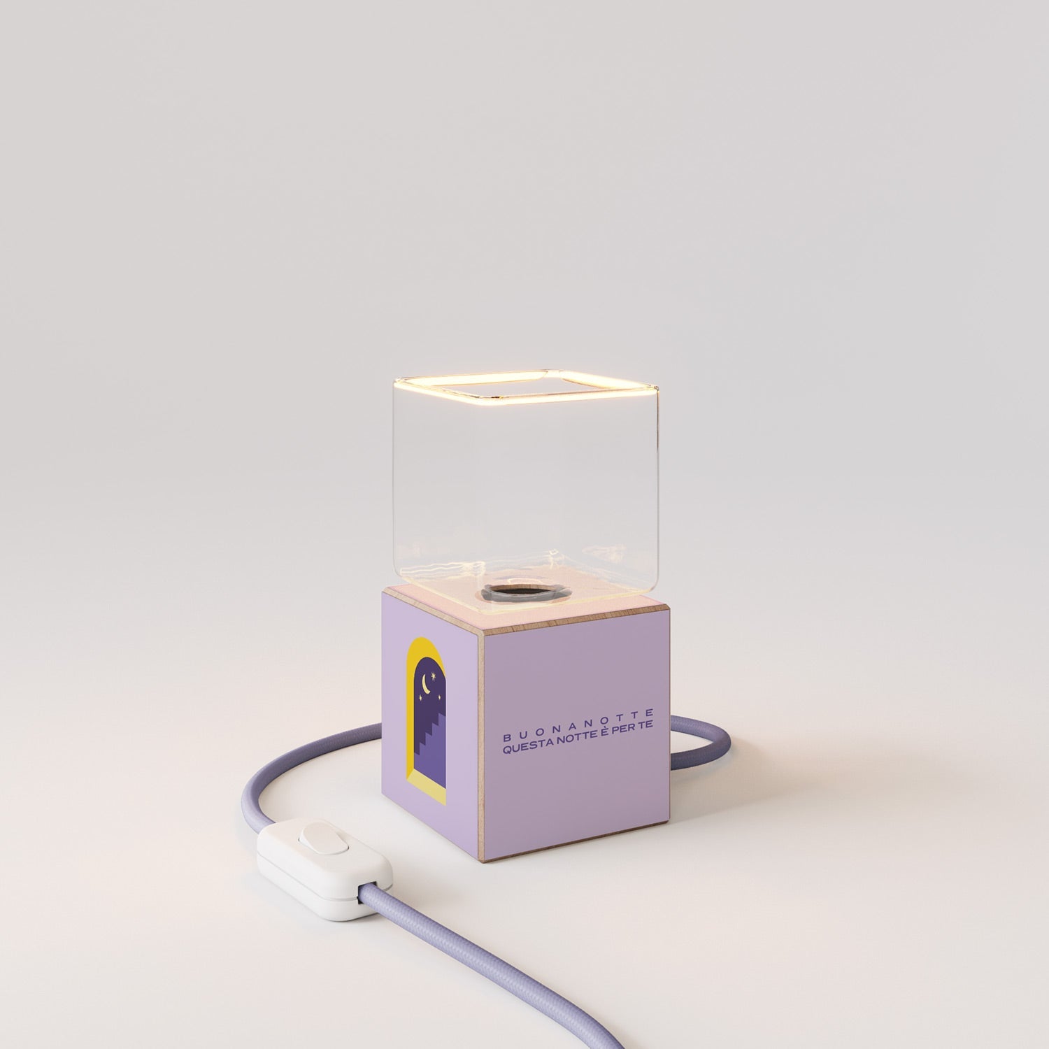 Lampada da tavolo Cubetto "Buonanotte fiorellino" con spina inglese e lampadina Ghost - Santomanifesto