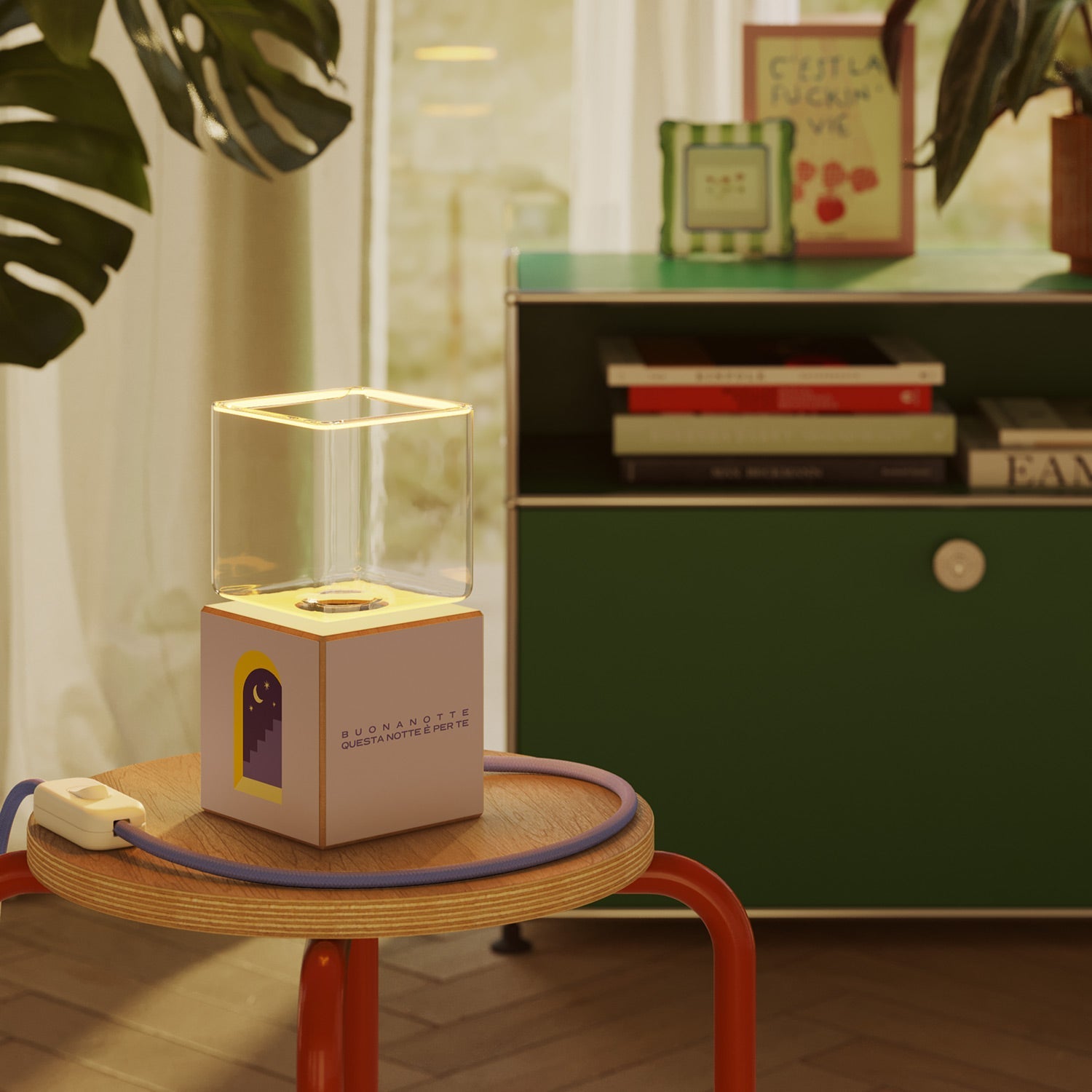 Lampada da tavolo Cubetto "Buonanotte fiorellino" con spina inglese e lampadina Ghost - Santomanifesto