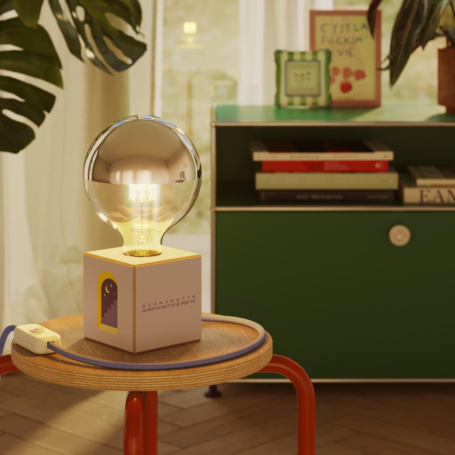 Lampada da tavolo Cubetto "Buonanotte fiorellino" con spina inglese e lampadina globo mezza sfera argento - Santomanifesto