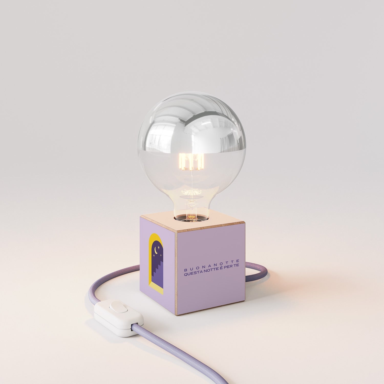 Lampada da tavolo Cubetto "Buonanotte fiorellino" con spina inglese e lampadina globo mezza sfera argento - Santomanifesto