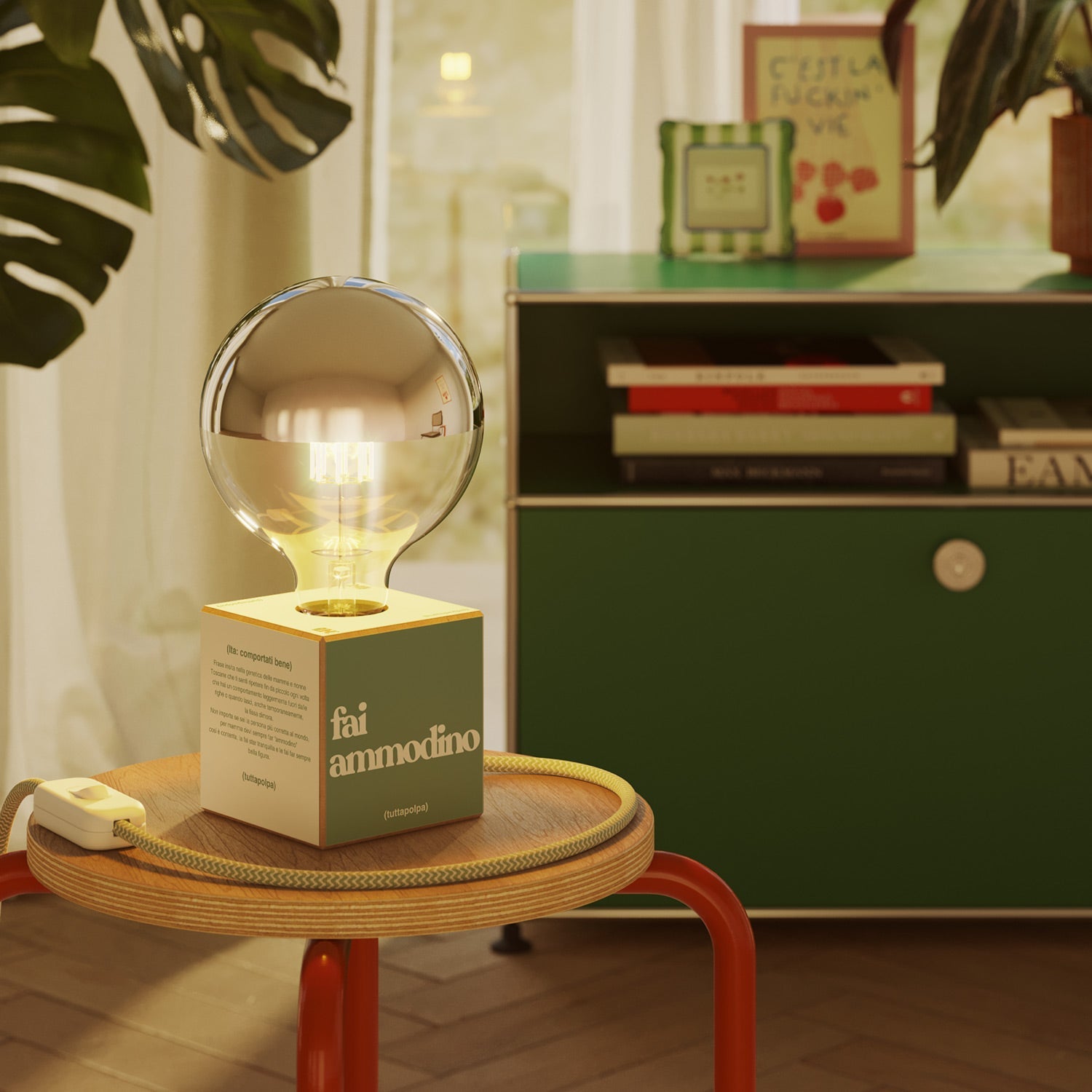 Lampada da tavolo Cubetto "Fai ammodino" con spina inglese e lampadina globo mezza sfera argento - Tuttapolpa