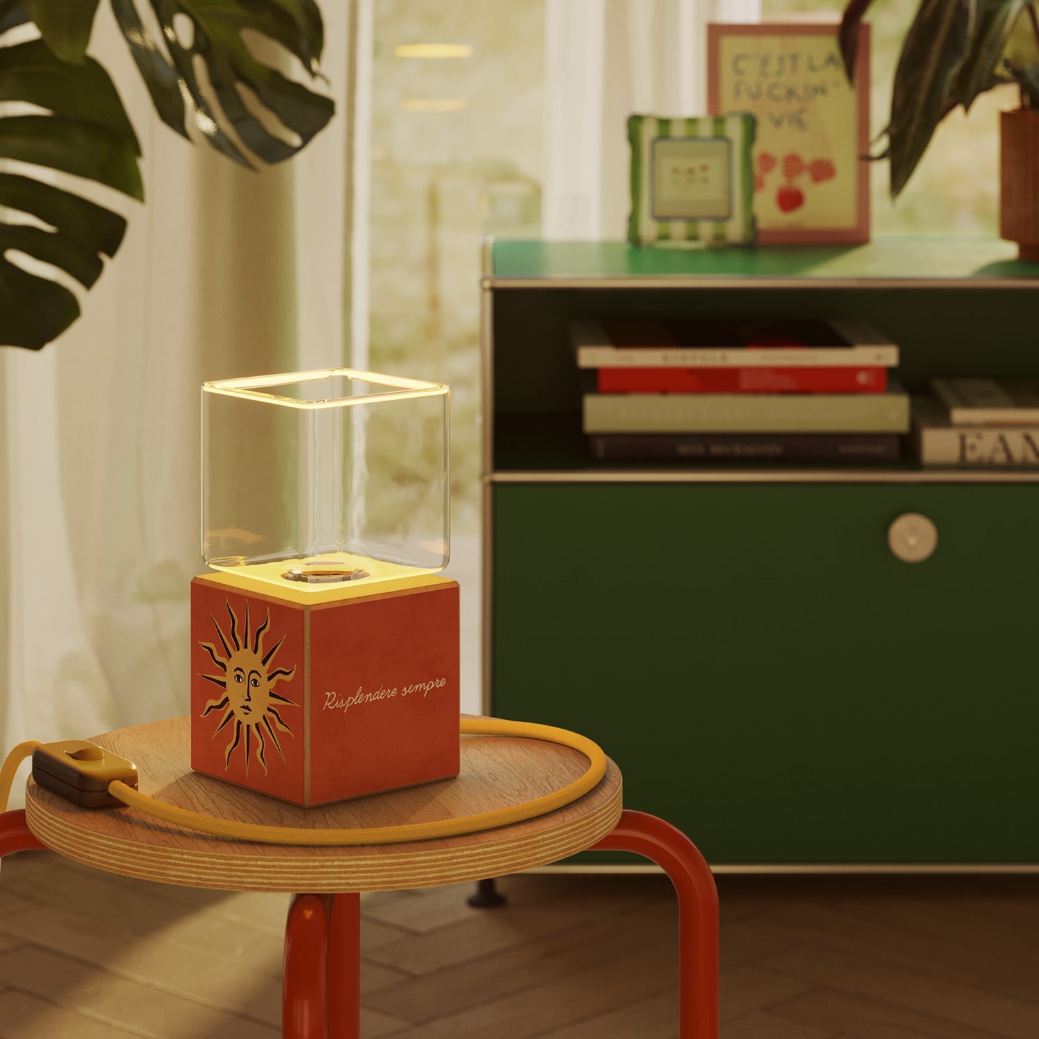 Lampada da tavolo Cubetto "Il sole" con spina inglese e lampadina Ghost - Santomanifesto