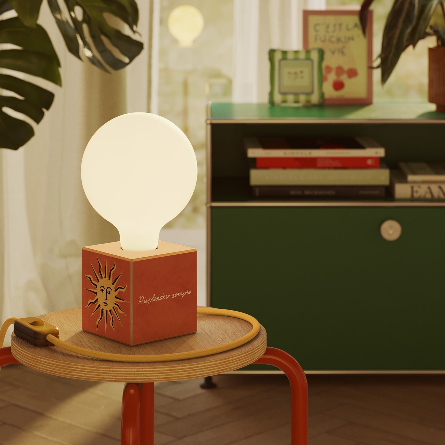 Lampada da tavolo Cubetto "Il sole" con spina inglese e lampadina globo effetto porcellana - Santomanifesto