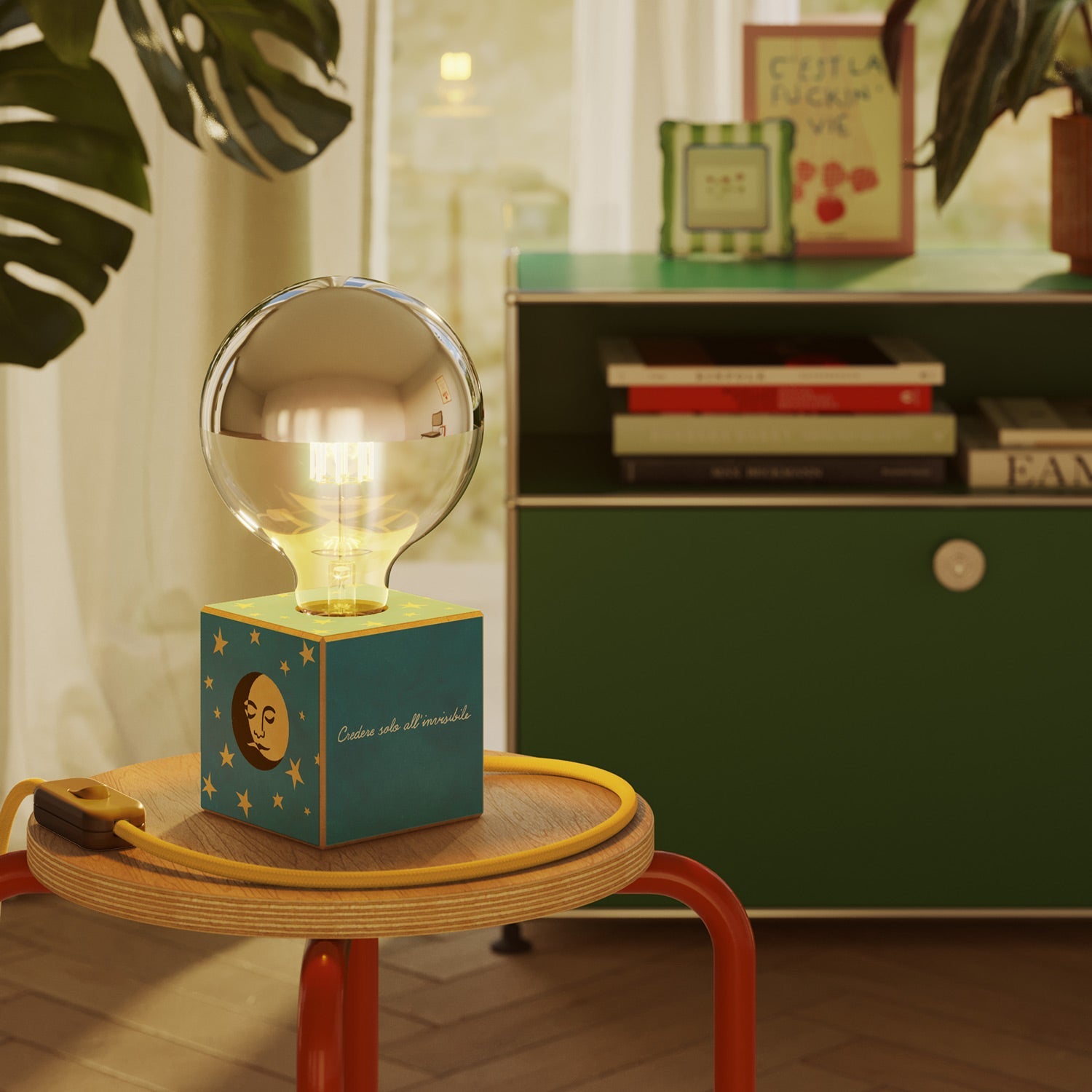 Lampada da tavolo Cubetto "La luna" con spina inglese e lampadina globo mezza sfera argento - Santomanifesto