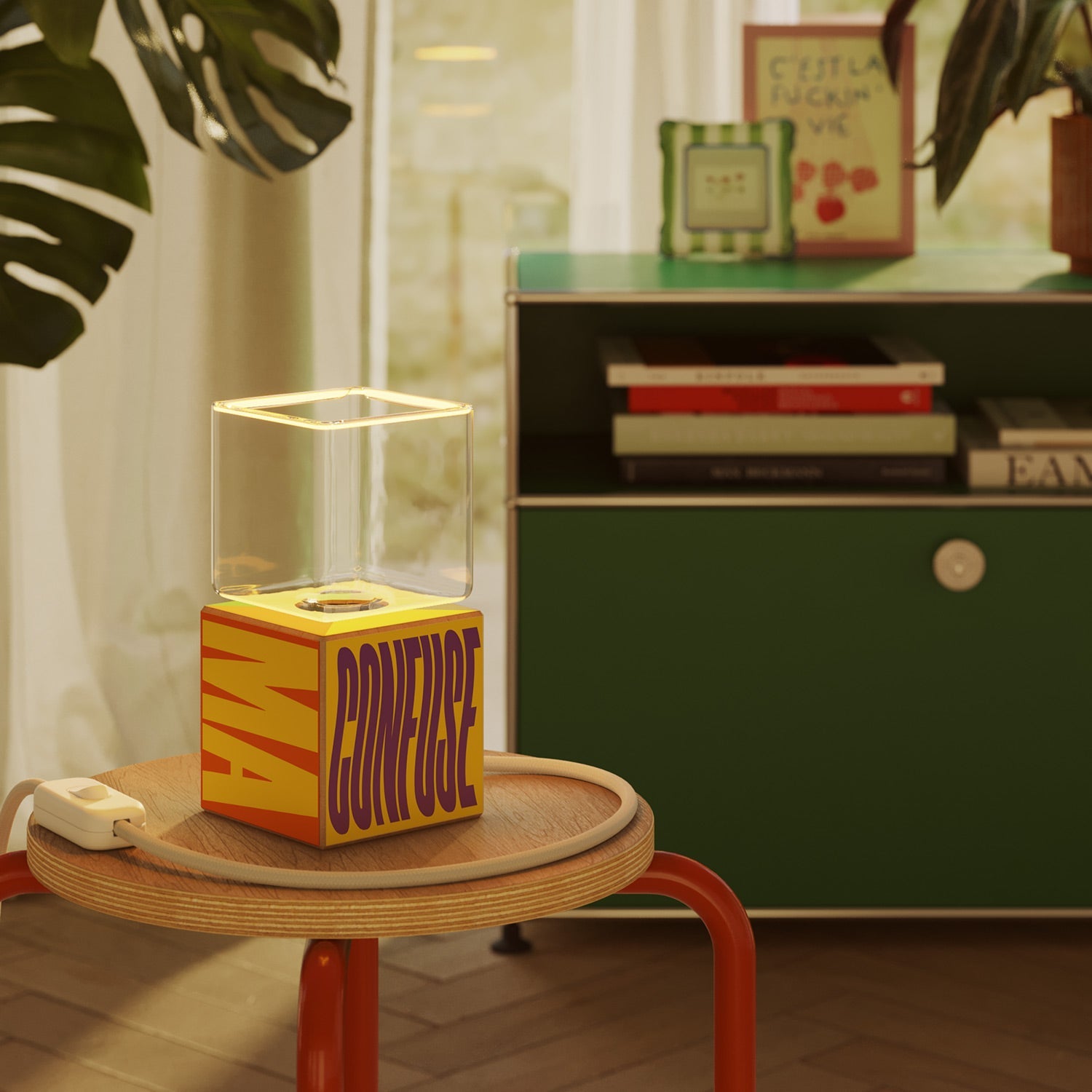 Lampada da tavolo Cubetto "Poche idee ma confuse" con spina inglese e lampadina Ghost - Santomanifesto