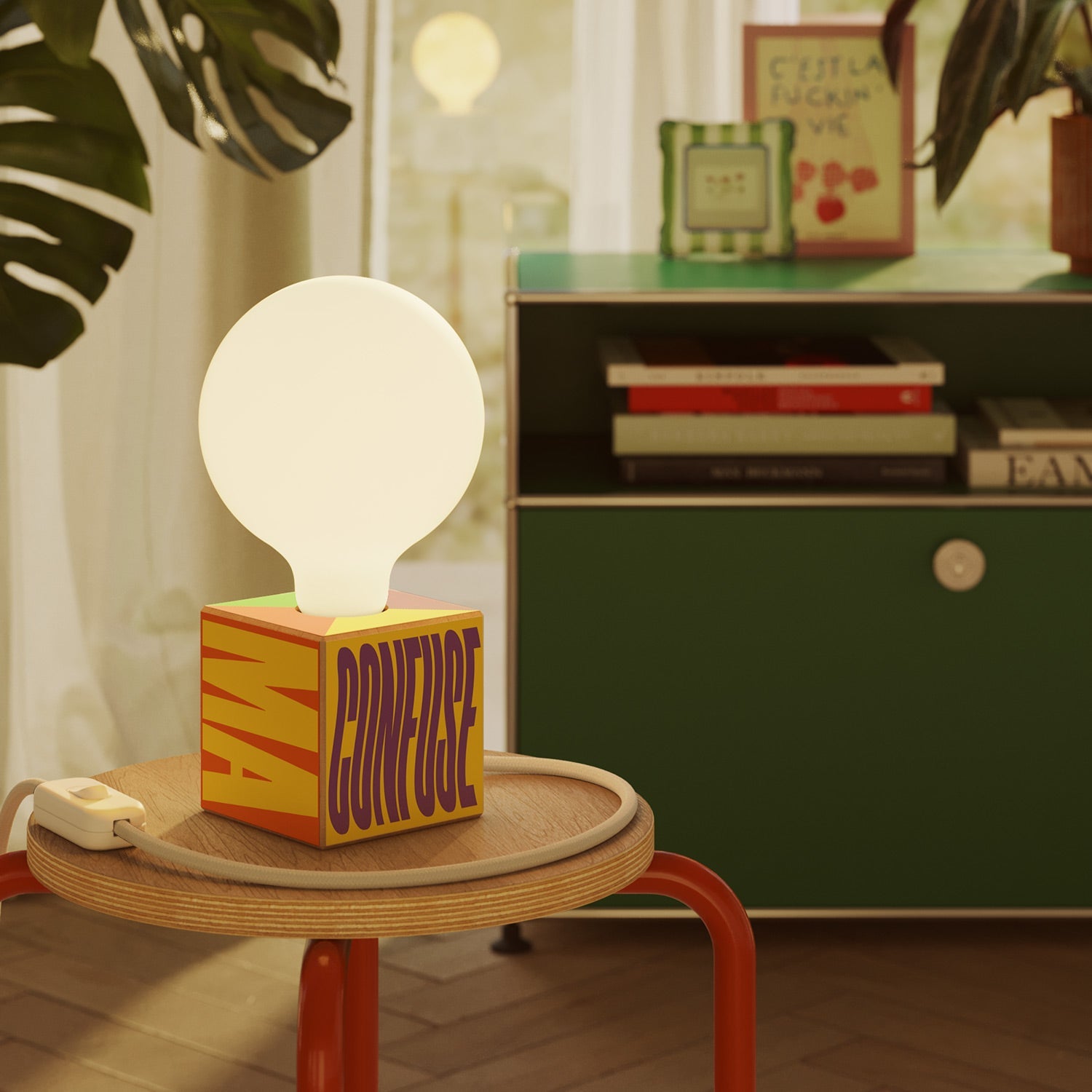 Lampada da tavolo Cubetto "Poche idee ma confuse" con spina inglese e lampadina globo effetto porcellana - Santomanifesto