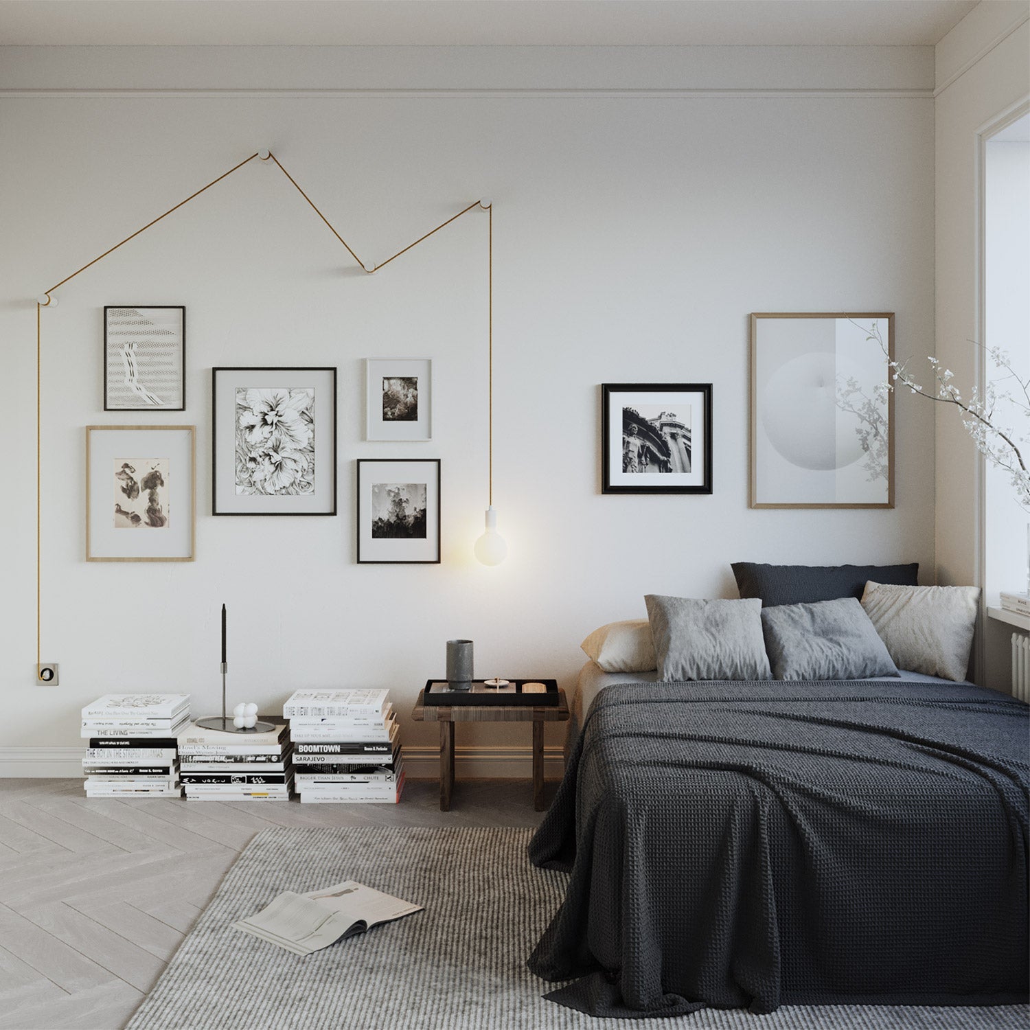 Lampada portatile Snake con portalampada in metallo e spina, completa di 4 passacavo in legno Rolé - Bianco