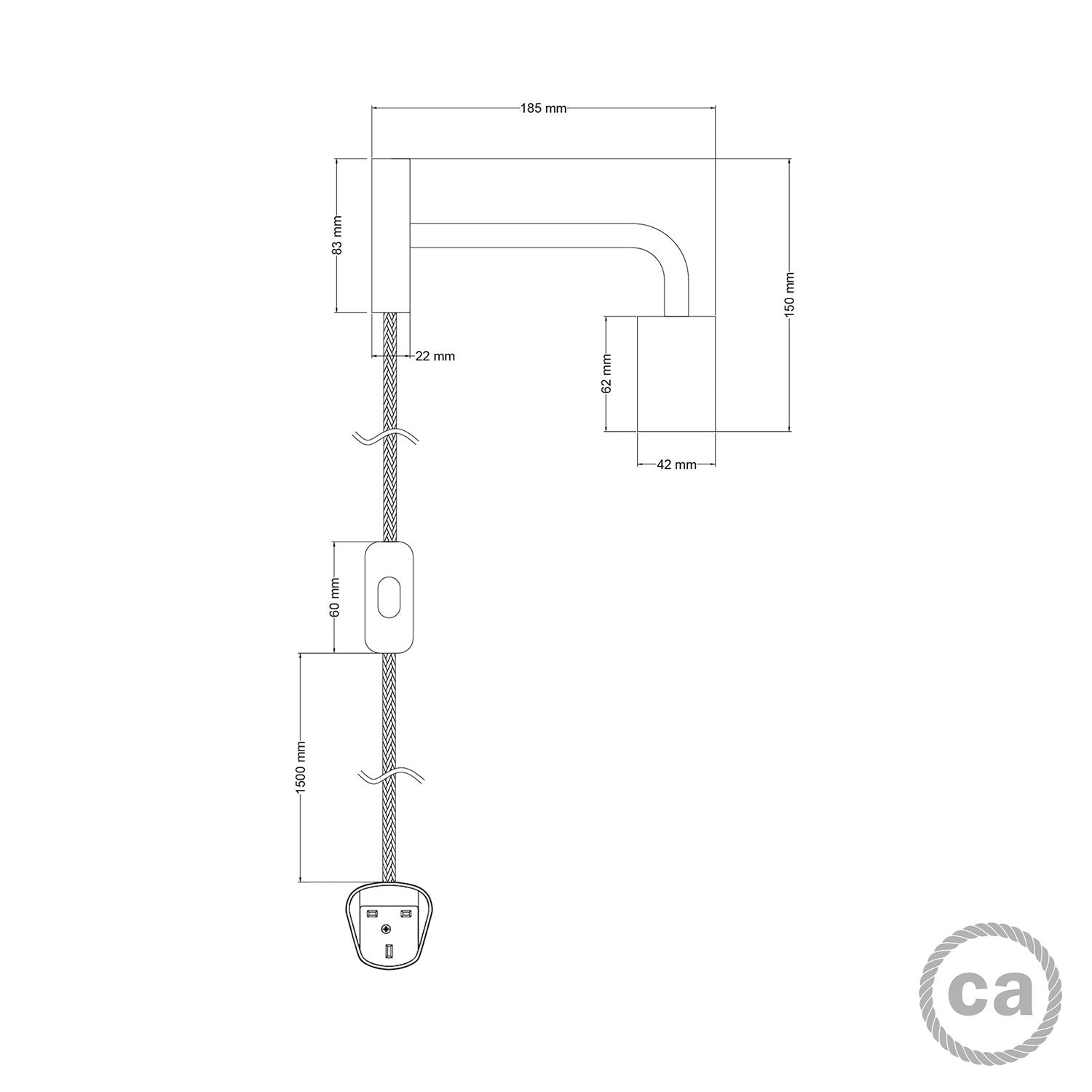 Lampada Spostaluce in metallo con estensione curva e spina UK - Rame satinato