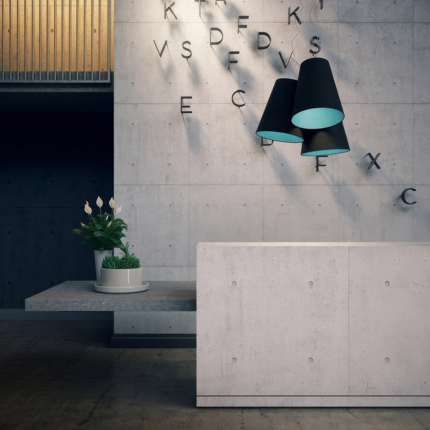 Lampadario Trittico con paralumi a cono bicolore Cenere e Celeste - Made in Italy