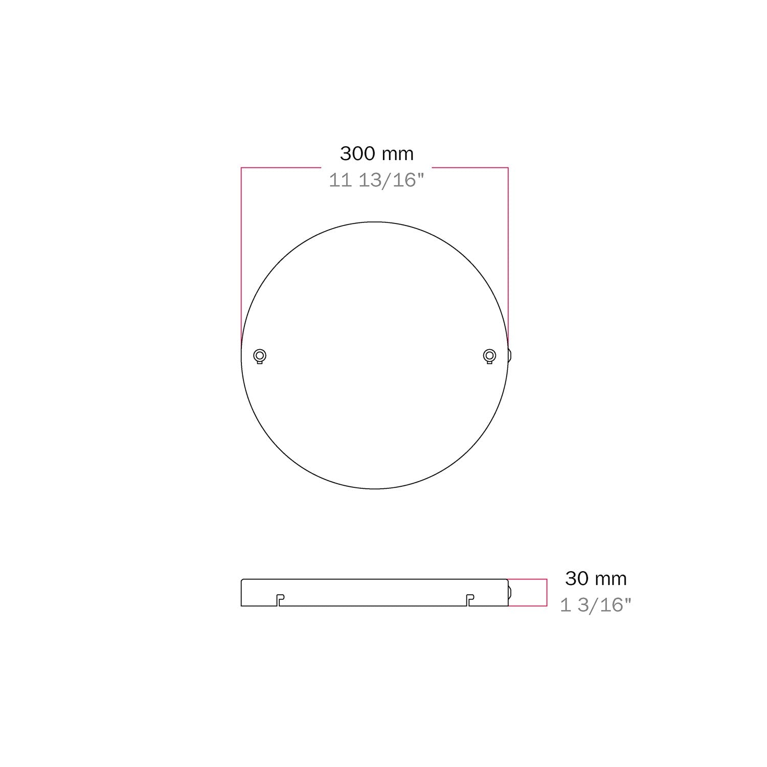 Rosone rotondo in alluminio Ø 30 cm con staffa e cavo di messa a terra, con 2 fori frontali - Bianco Opaco 1