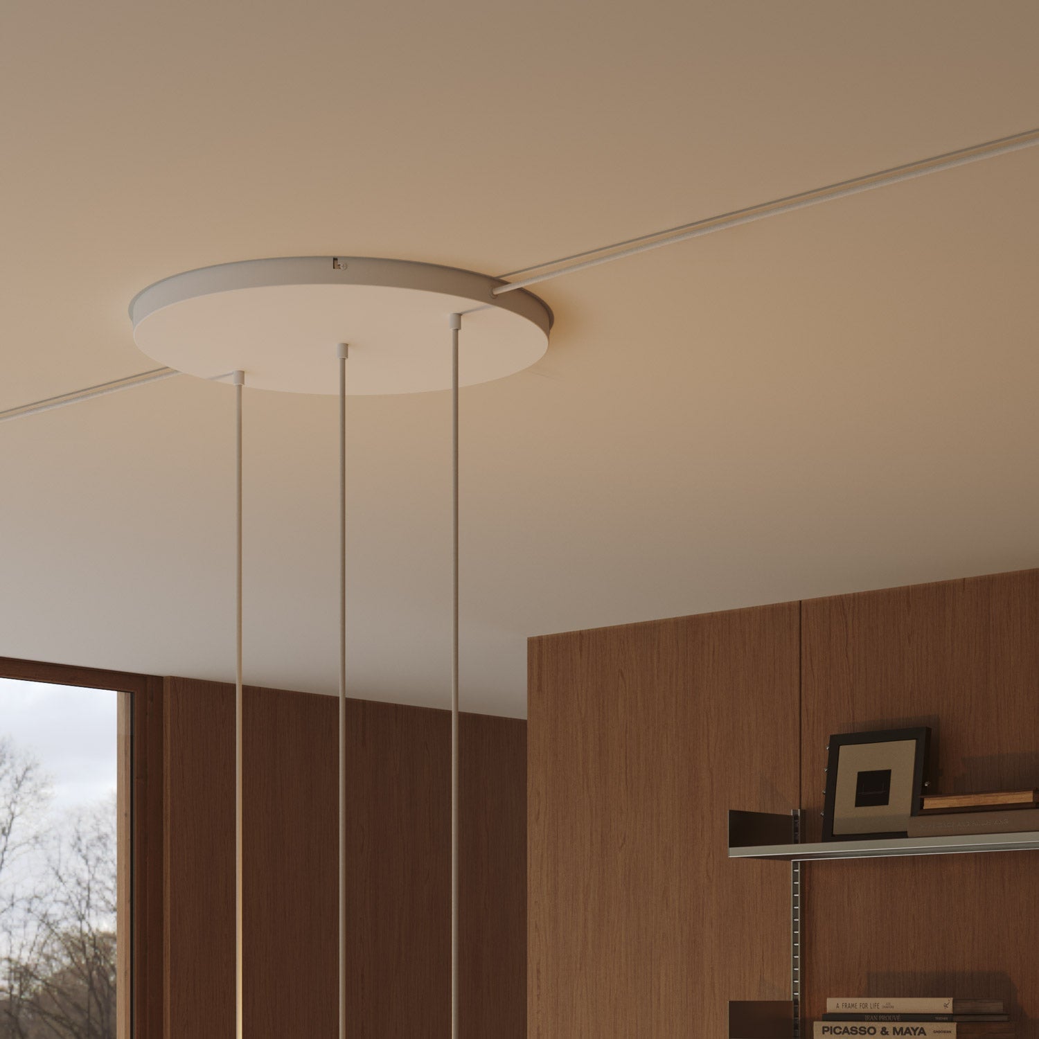 Rosone rotondo in alluminio Ø 50 cm con staffa e cavo di messa a terra, con 3 fori in linea frontali - Bianco Opaco 2