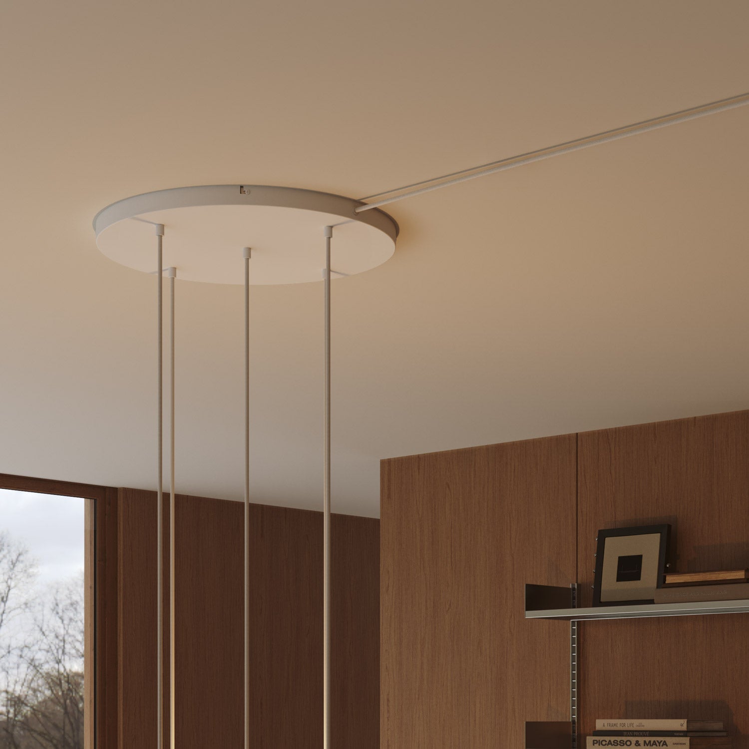 Rosone rotondo in alluminio Ø 50 cm con staffa e cavo di messa a terra, con 5 fori frontali - Bianco Opaco 1