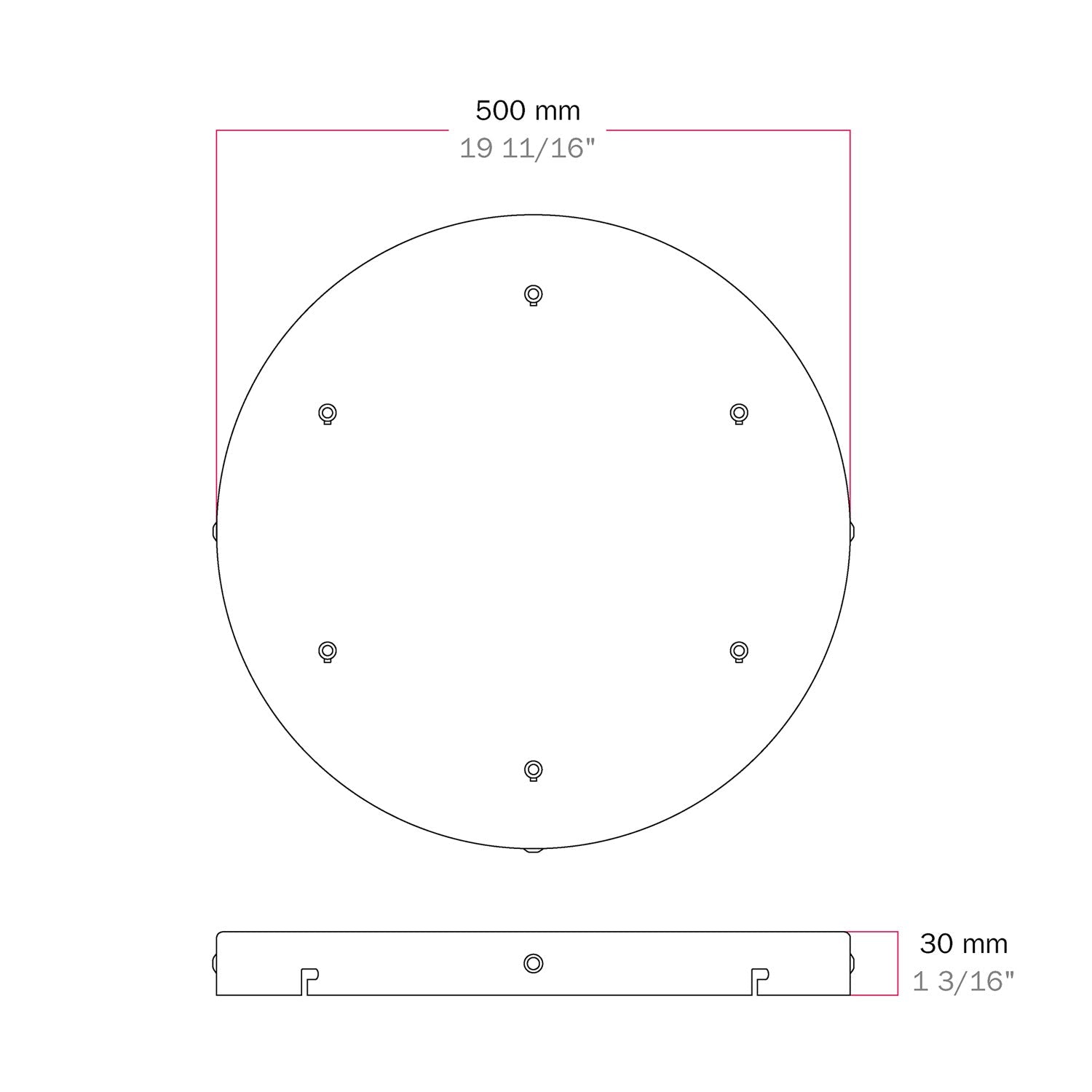 Rosone rotondo in alluminio Ø 50 cm con staffa e cavo di messa a terra, con 6 fori frontali - Bianco Opaco 3