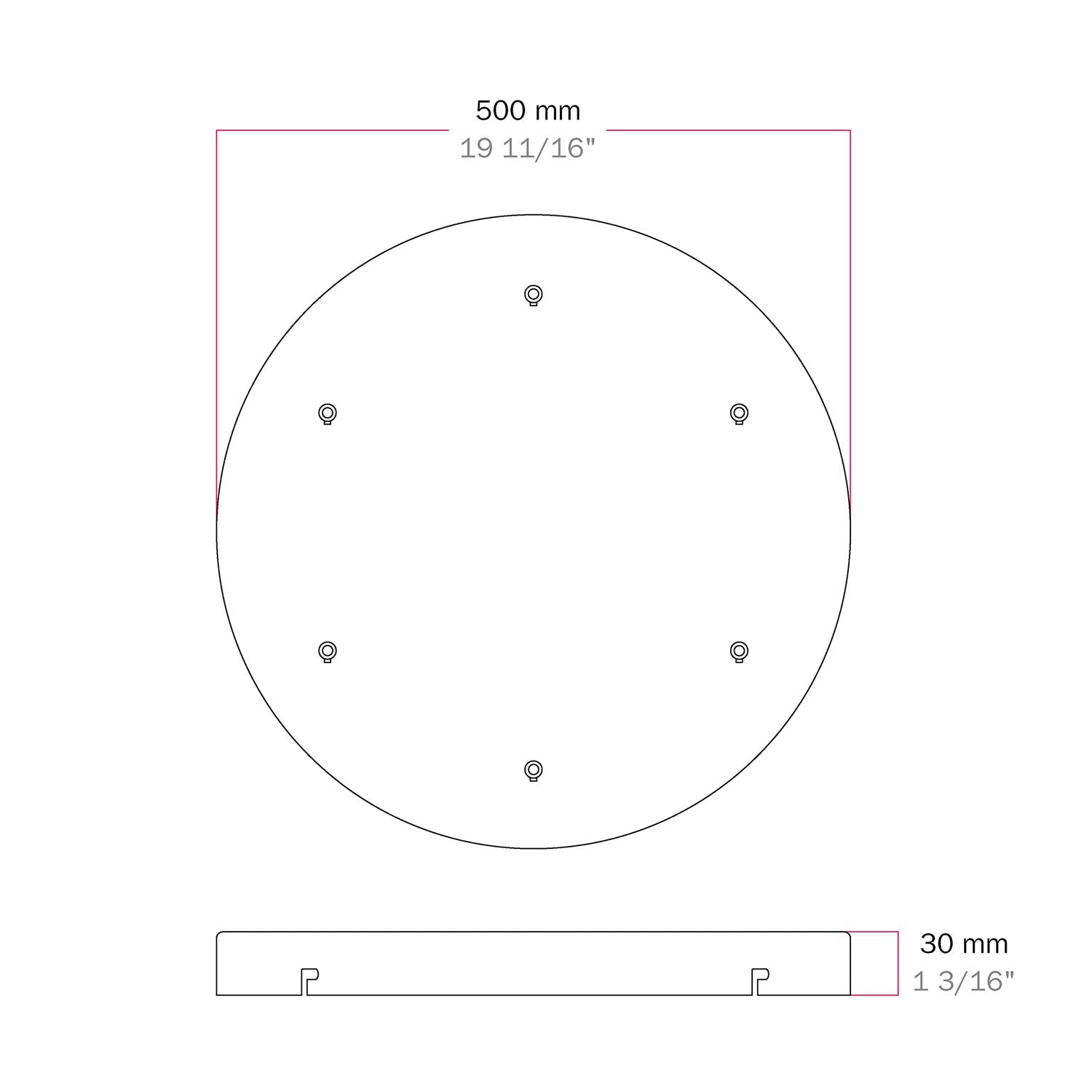 Rosone rotondo in alluminio Ø 50 cm con staffa e cavo di messa a terra, con 6 fori frontali - Nero 0