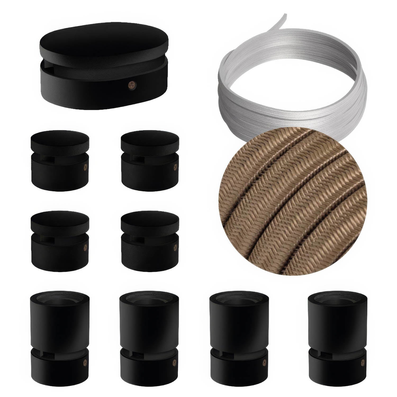 Sistema Filé Symmetric Kit - con cavo CM27 di 5 m per catenaria e 9 componenti in legno verniciato nero per interni
